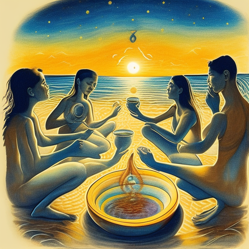 ayahuasca acacia nilotica people drinking from bowls surrealist solar symbols emotive lunar seashore.png