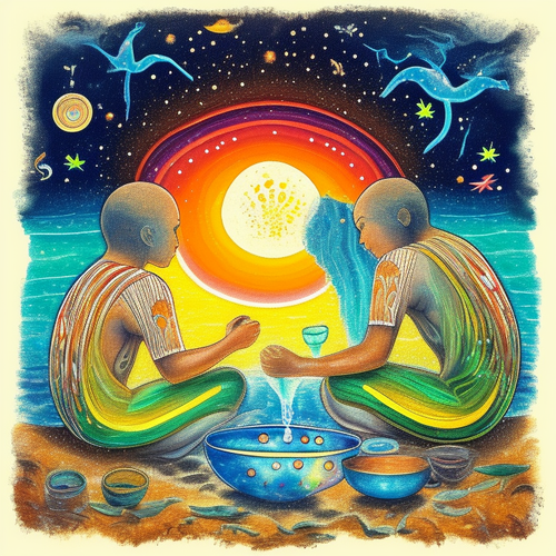 ayahuasca seashore acacia nilotica psychic spirit people drinking from bowls translucent paint splas.png