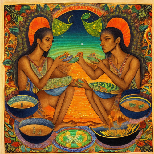 ayahuasca acacia nilotica people drinking from bowls surrealist solar symbols emotive lunar seashore.png