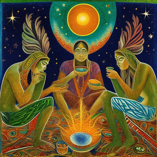 ayahuasca acacia nilotica people drinking from bowls surrealist solar symbols emotive lunar seashore.png