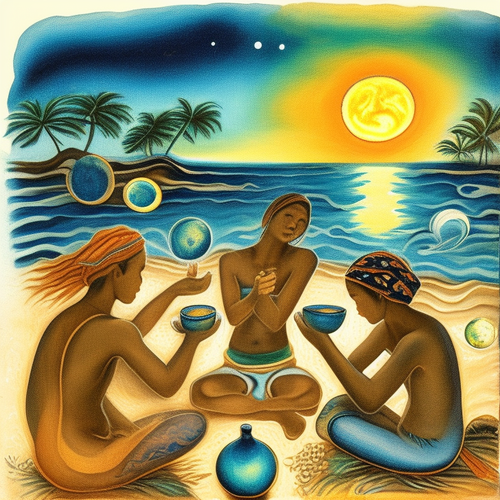 ayahuasca acacia nilotica people drinking from bowls surrealist solar symbols emotive lunar seashore.png