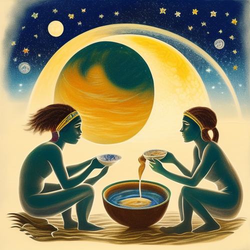 ayahuasca acacia nilotica people drinking from bowls surrealist emotive lunar seashore passionate in.png