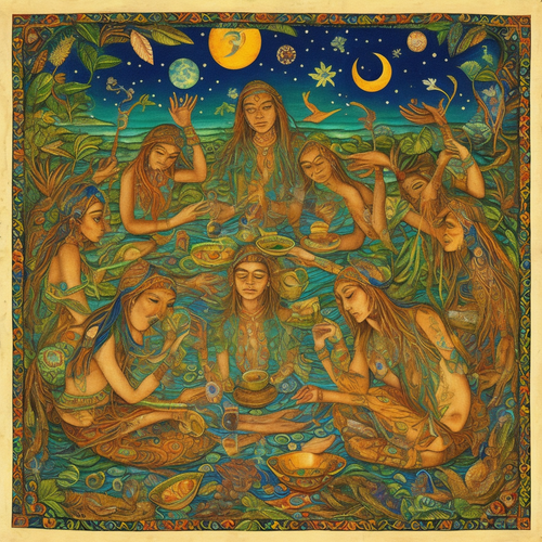 ayahuasca acacia nilotica people drinking from bowls surrealist solar symbols emotive lunar seashore.png