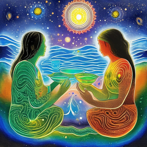 ayahuasca seashore acacia nilotica psychic spirit people drinking from bowls translucent paint splas.png