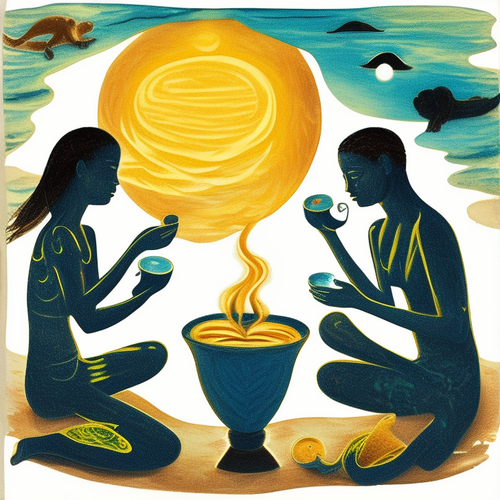 ayahuasca acacia nilotica people drinking from bowls surrealist solar symbols emotive lunar seashore.png