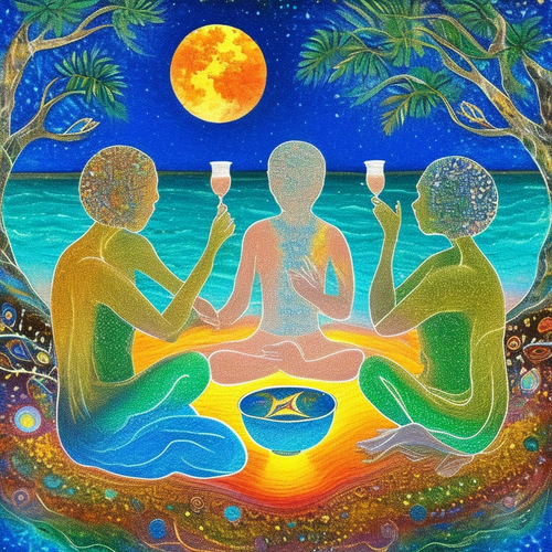ayahuasca seashore acacia nilotica psychic spirit people drinking from bowls translucent paint splas.png