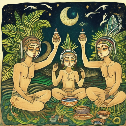 ayahuasca acacia nilotica people drinking from bowls surrealist solar symbols emotive lunar seashore.png