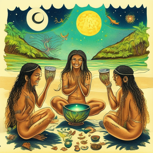 ayahuasca acacia nilotica people drinking from bowls surrealist solar symbols emotive lunar seashore.png