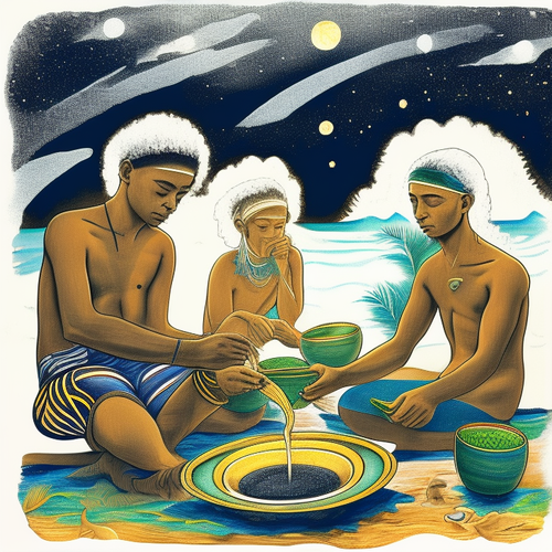 ayahuasca acacia nilotica people drinking from bowls surrealist emotive lunar seashore passionate in.png