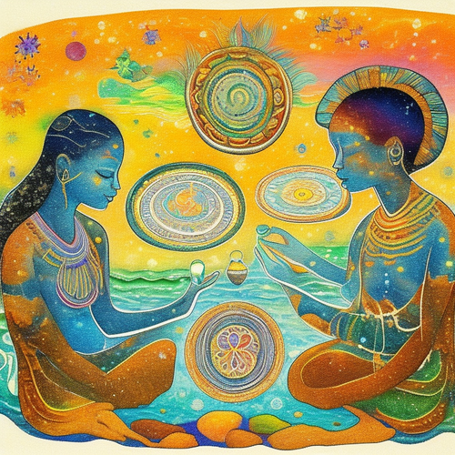 ayahuasca seashore acacia nilotica psychic spirit people drinking from bowls translucent paint splas.png