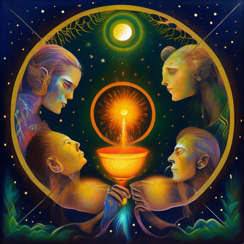 ayahuasca acacia nilotica people drinking from bowls surrealist solar symbols emotive lunar seashore.png