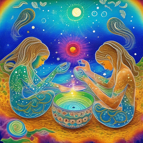 ayahuasca seashore acacia nilotica psychic spirit people drinking from bowls translucent paint splas.png