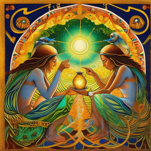 ayahuasca acacia nilotica people drinking from bowls surrealist solar symbols emotive lunar seashore.png
