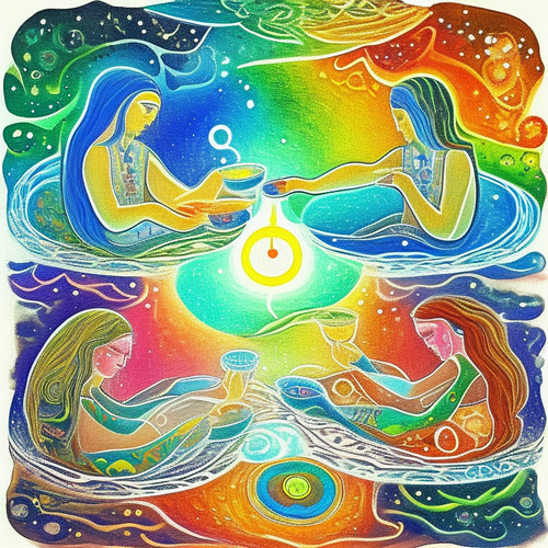 ayahuasca seashore acacia nilotica psychic spirit people drinking from bowls translucent paint splas.png