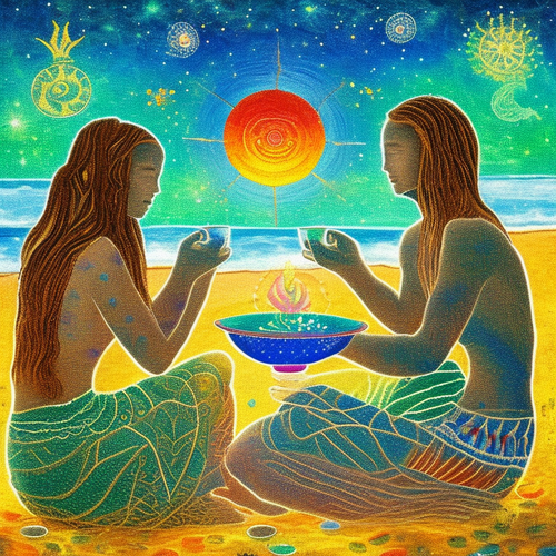 ayahuasca seashore acacia nilotica psychic spirit people drinking from bowls translucent paint splas.png