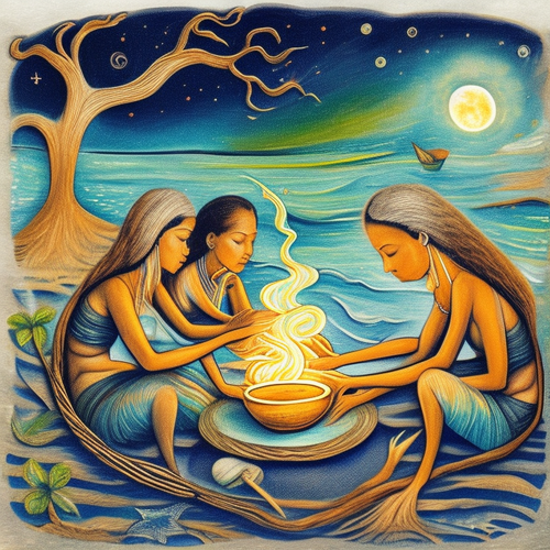 ayahuasca acacia nilotica people drinking from bowls surrealist solar symbols emotive lunar seashore.png