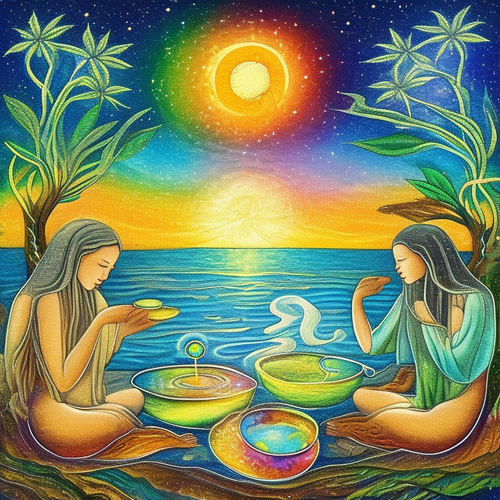 ayahuasca seashore acacia nilotica psychic spirit people drinking from bowls translucent paint splas.png