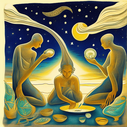 ayahuasca acacia nilotica people drinking from bowls surrealist solar symbols emotive lunar seashore.png