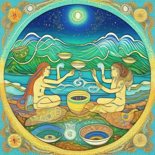 ayahuasca seashore acacia nilotica psychic spirit people drinking from bowls translucent paint splas.png
