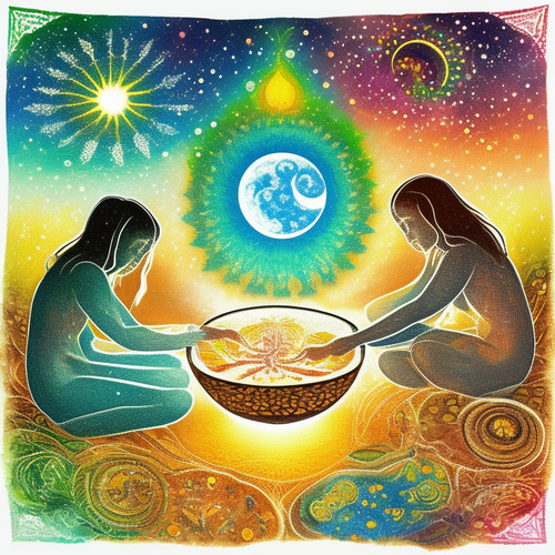 ayahuasca seashore acacia nilotica psychic spirit people drinking from bowls translucent paint splas.png