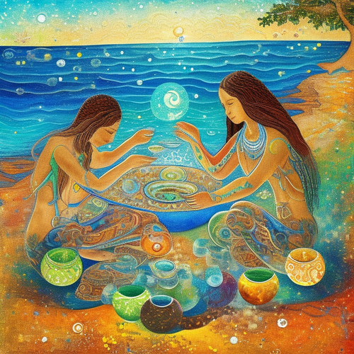 ayahuasca seashore acacia nilotica psychic spirit people drinking from bowls translucent paint splas.png