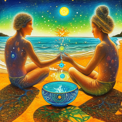 ayahuasca seashore acacia nilotica psychic spirit people drinking from bowls translucent paint splas.png