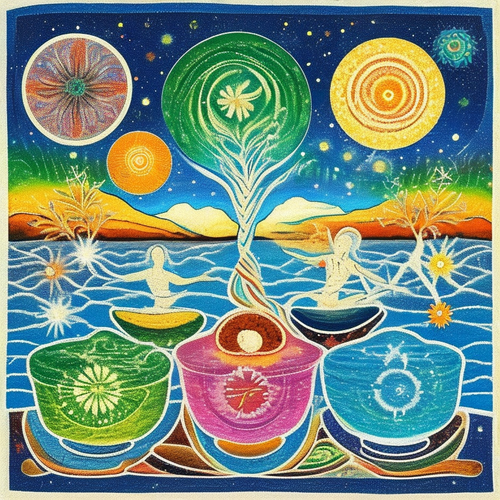 ayahuasca seashore acacia nilotica psychic spirit people drinking from bowls translucent paint splas.png