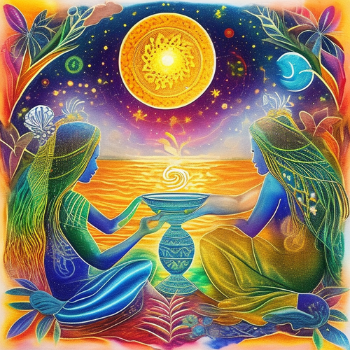 ayahuasca seashore acacia nilotica psychic spirit people drinking from bowls translucent paint splas.png