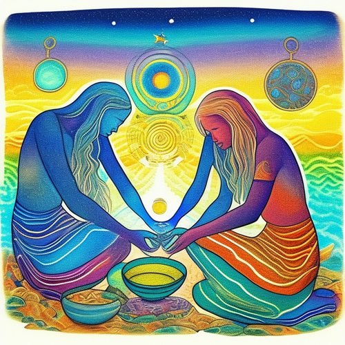 ayahuasca seashore acacia nilotica psychic spirit people drinking from bowls translucent paint splas.png