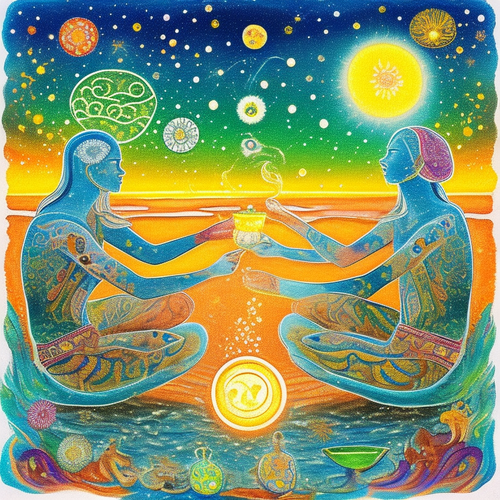 ayahuasca seashore acacia nilotica psychic spirit people drinking from bowls translucent paint splas.png
