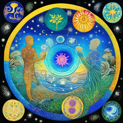 ayahuasca seashore acacia nilotica psychic spirit people drinking from bowls translucent paint splas.png