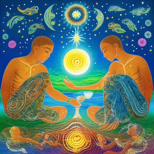 ayahuasca seashore acacia nilotica psychic spirit people drinking from bowls translucent paint splas.png