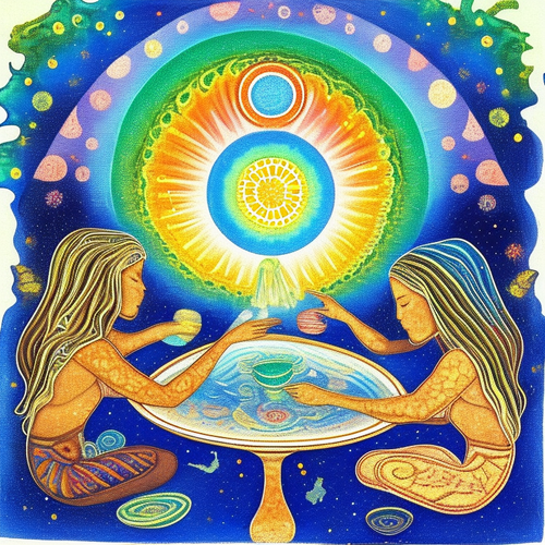 ayahuasca seashore acacia nilotica psychic spirit people drinking from bowls translucent paint splas.png