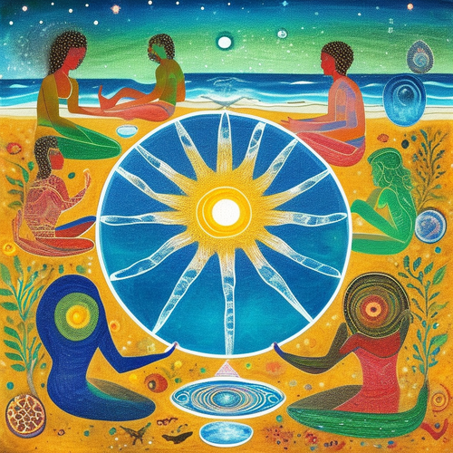 ayahuasca seashore acacia nilotica psychic spirit people drinking from bowls translucent paint splas.png
