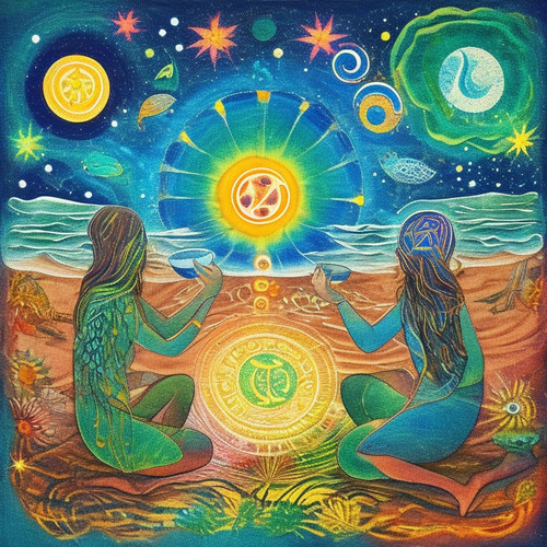 ayahuasca seashore acacia nilotica psychic spirit people drinking from bowls translucent paint splas.png