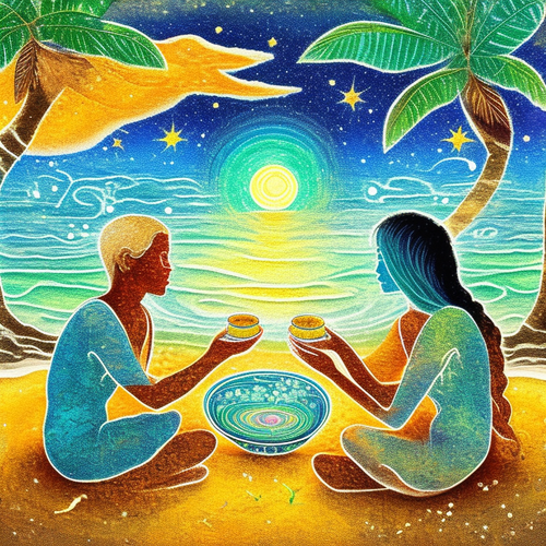 ayahuasca seashore acacia nilotica psychic spirit people drinking from bowls translucent paint splas.png