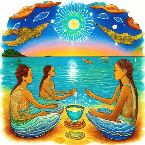 ayahuasca seashore acacia nilotica psychic spirit people drinking from bowls translucent paint splas.png