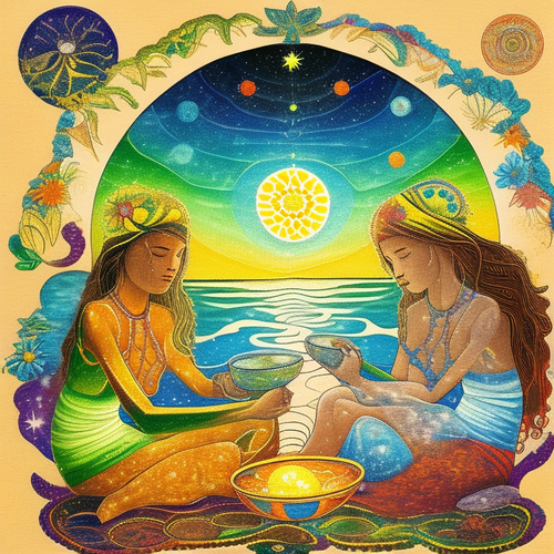 ayahuasca seashore acacia nilotica psychic spirit people drinking from bowls translucent paint splas.png