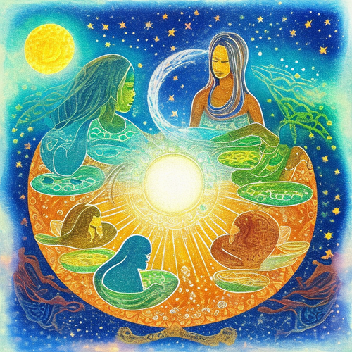 ayahuasca seashore acacia nilotica psychic spirit people drinking from bowls translucent paint splas.png