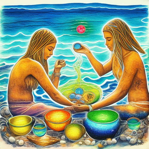 ayahuasca seashore acacia nilotica psychic spirit people drinking from bowls translucent paint splas.png