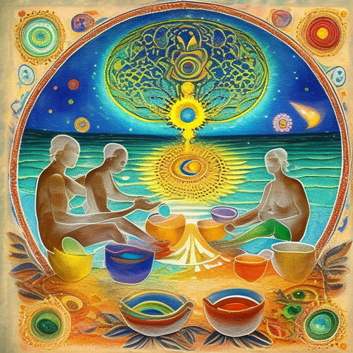 ayahuasca seashore acacia nilotica psychic spirit people drinking from bowls translucent paint splas.png