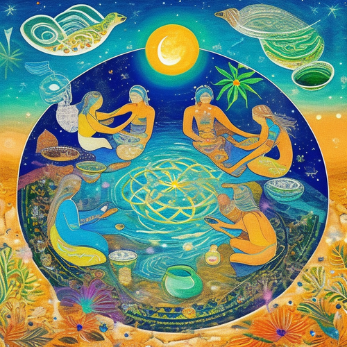 ayahuasca seashore acacia nilotica psychic spirit people drinking from bowls translucent paint splas.png