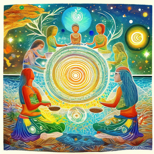 ayahuasca seashore acacia nilotica psychic spirit people drinking from bowls translucent paint splas.png