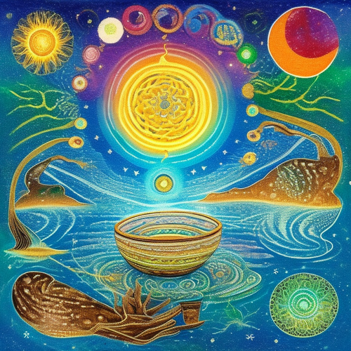 ayahuasca seashore acacia nilotica psychic spirit people drinking from bowls translucent paint splas.png