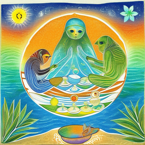 ayahuasca seashore acacia nilotica psychic spirit people drinking from bowls translucent paint splas.png