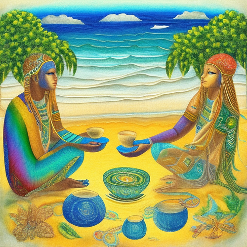 ayahuasca seashore acacia nilotica psychic spirit people drinking from bowls translucent paint splas.png