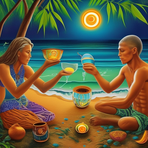 ayahuasca seashore acacia nilotica psychic spirit people drinking from bowls translucent paint splas.png