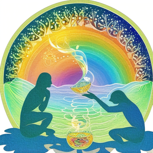 ayahuasca seashore acacia nilotica psychic spirit people drinking from bowls translucent paint splas.png