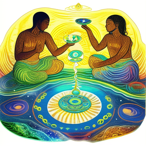 ayahuasca seashore acacia nilotica psychic spirit people drinking from bowls translucent paint splas.png