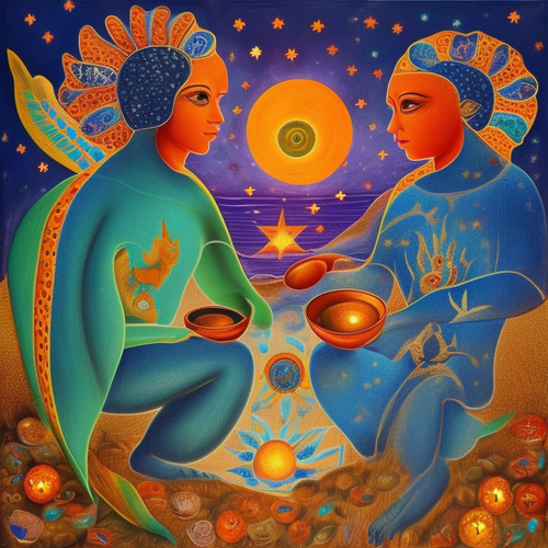 ayahuasca seashore acacia nilotica psychic spirit people drinking from bowls translucent paint splas.png